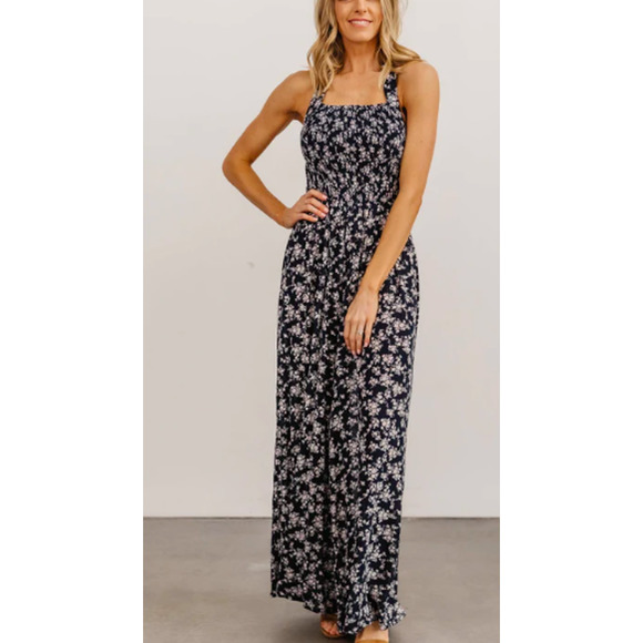 Baltic Born Pants - Baltic Born Lana Smocked Halter Wide Leg Jumpsuit Navy White Floral Large NWOT